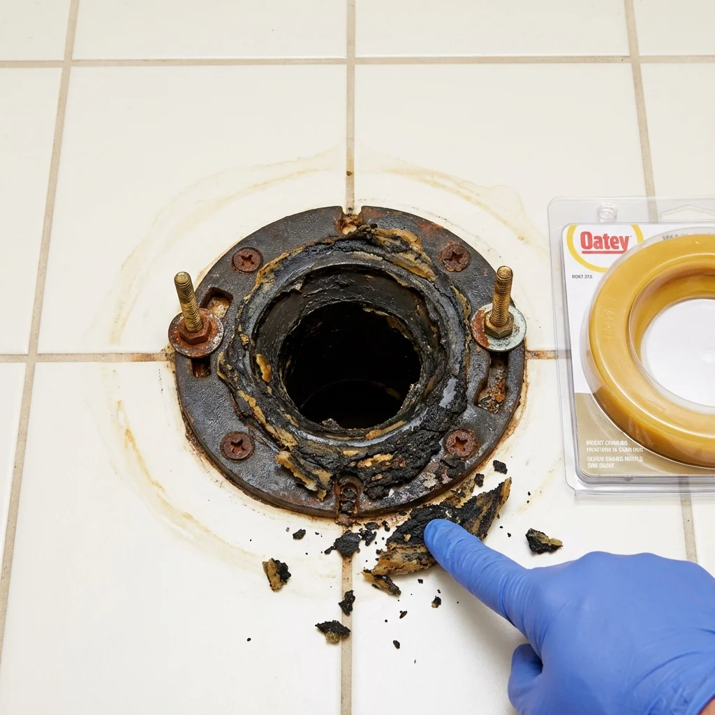 Failed wax ring showing water seepage at the base of a toilet in a Columbia, NC home