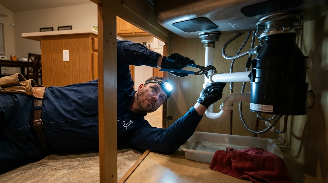 P-trap and supply line connections under a kitchen sink showing a common leak point in Columbia, NC